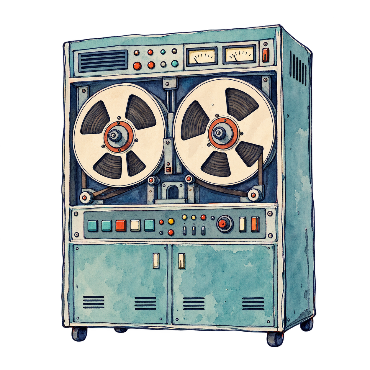 Vintage computer with magnetic tape reels
