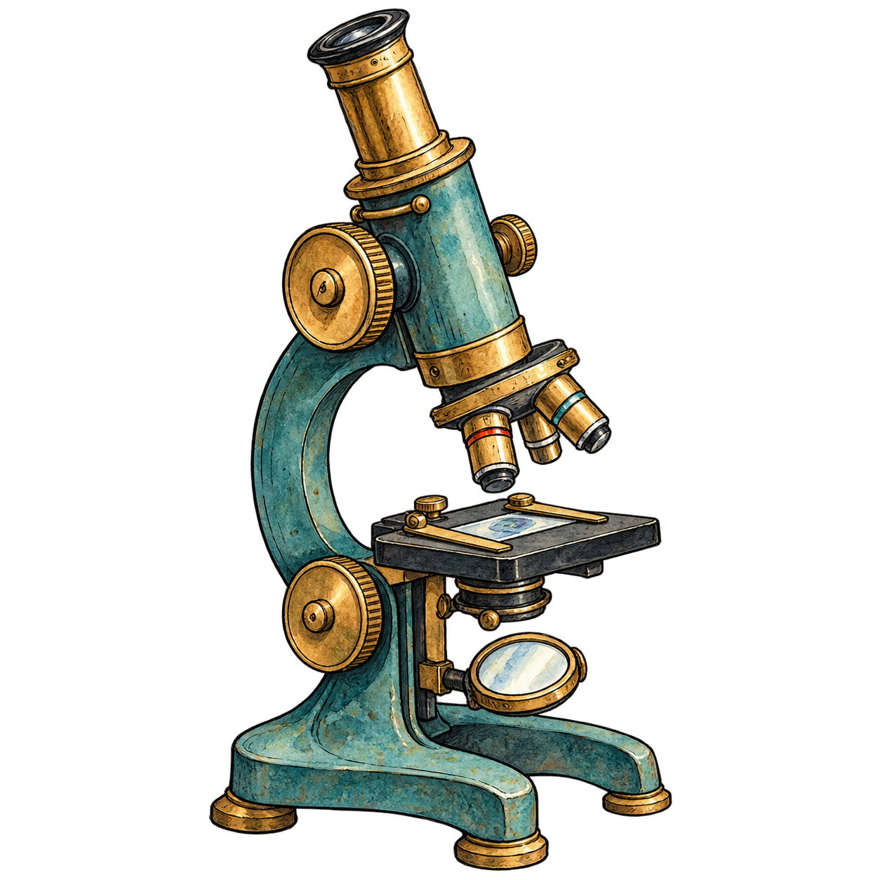 Vintage brass and teal microscope