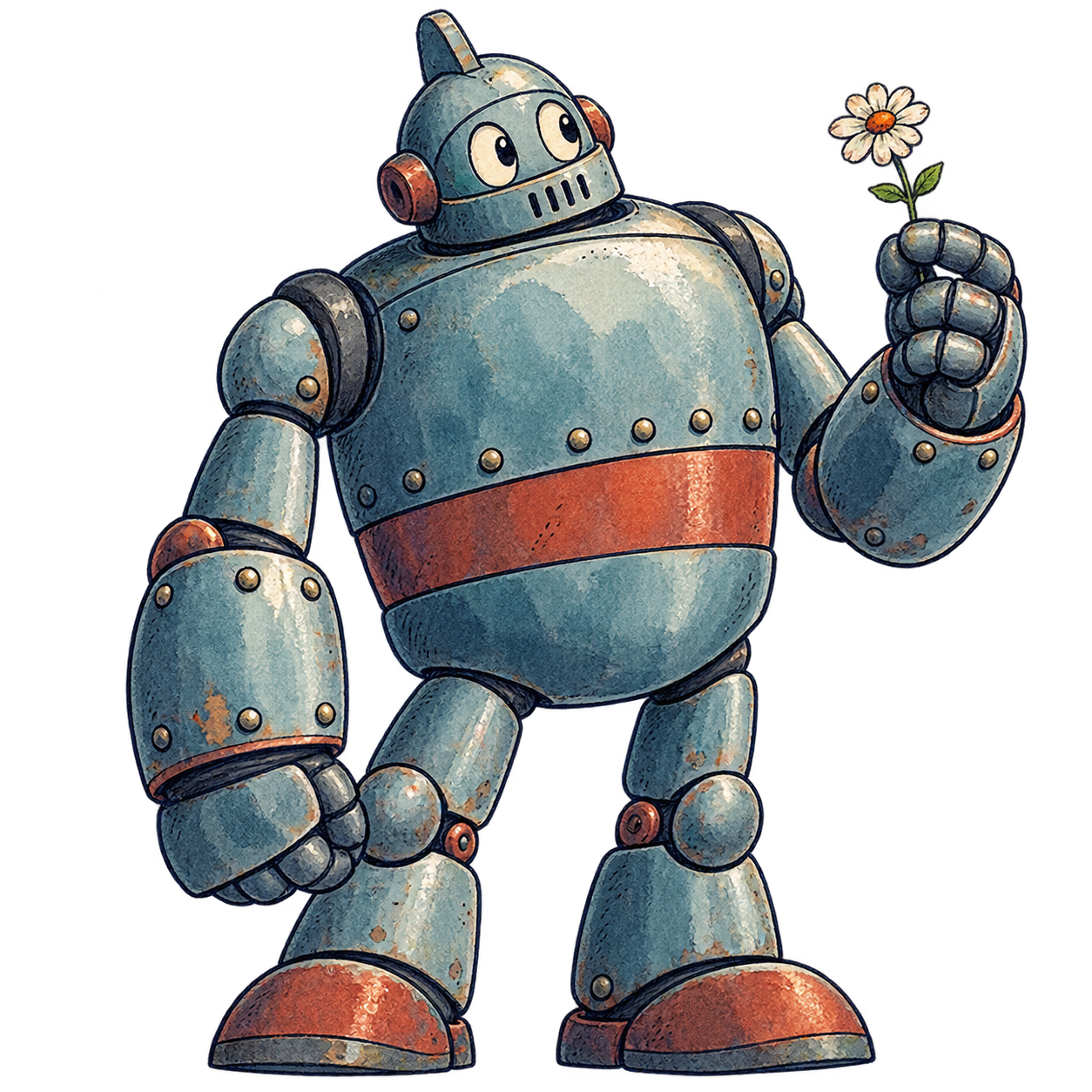 Retro robot gently holding a small flower