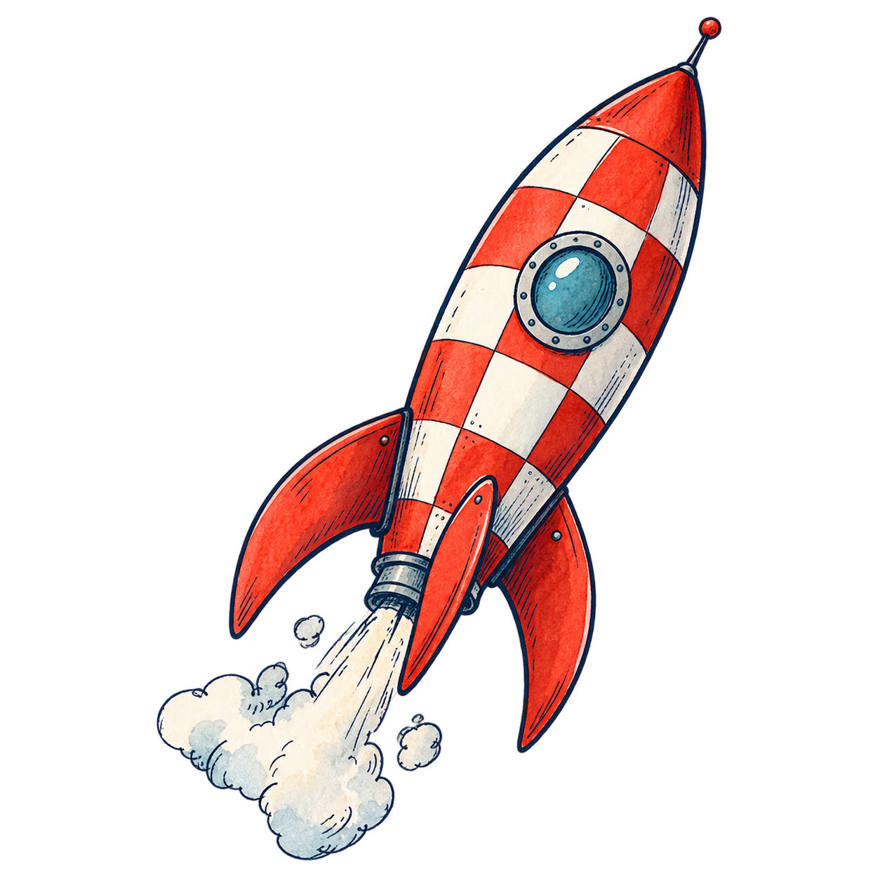 Red and white retro rocket lifting off